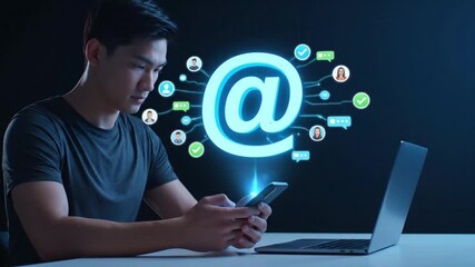 Young man using smartphone connected to a digital network with glowing email and social media icons, symbolizing global online communication and connectivity. - Powered by Adobe