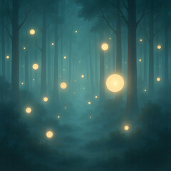 Hutan Mistis dengan Bola Cahaya Bercahaya di Malam Berkabut