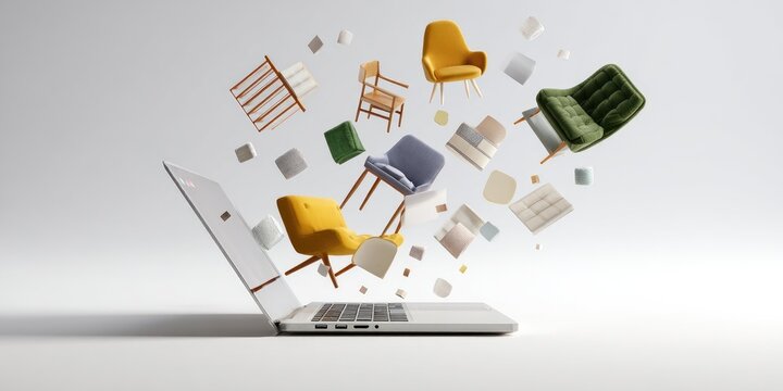Floating furniture pieces emerge from a laptop screen