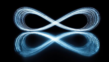 Light trails form an infinity symbol, reflected on a dark surface