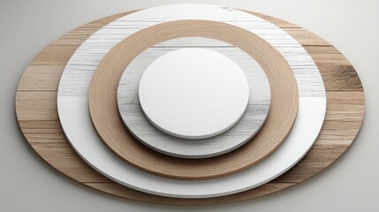 Obraz premium White plate and wooden plate displaying economic cycle analysis in a minimal visual representation of concepts