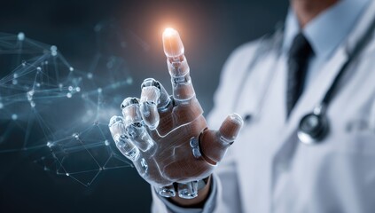 A doctor's translucent robotic hand interacts with a glowing digital network, suggesting advanced medical technology and futuristic healthcare