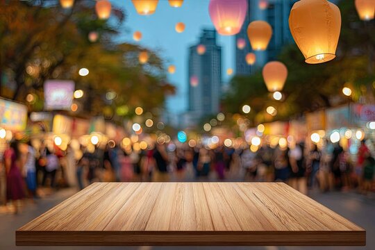 Wooden table in a bustling street market at twilight, with glowing lanterns in the air