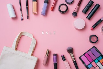 Flat lay of makeup products and a tote bag on a pink background with a sale announcement