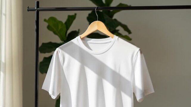 Clean White T-Shirt Hanging on a Clothes Rack with Natural Light and Greenery