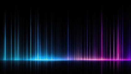 Abstract, vibrant, glowing vertical lines in shades of blue and purple on a dark background, reflecting on a mirrored surface