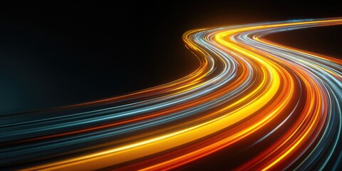 Abstract light trails curving through a dark space.  Vibrant streaks of orange, yellow, and teal light form a dynamic, flowing path