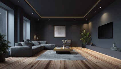 Dark, modern living room with large windows
