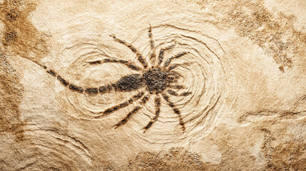 Fossilized spider transitioning into swimming motions through abstract water ripple effects.