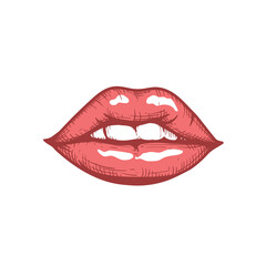 Sexy mouth with bright red glossy bitten lips. Color sketch hand drawn style. Vector illustration isolated on white background.