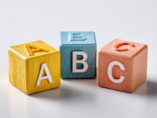 Three colorful wooden blocks, each with a capital letter (A, B, and C), arranged in a row against a plain white background.  The blocks are painted pastel yellow, light blue, and light orange