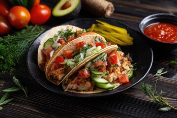 Three fish tacos on a dark plate, garnished with fresh ingredients, served on a dark wooden table with accompanying vegetables and salsa