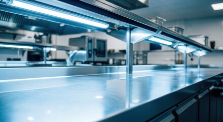 Naklejka premium Clean, stainless steel kitchen workspace with bright overhead lighting