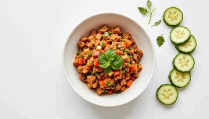 Overhead minimalist composition of larb moo (spicy minced pork salad) in a shallow white dish