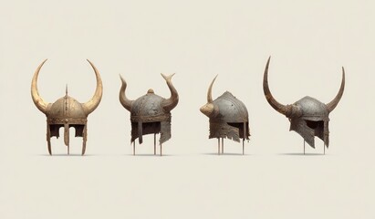 Obraz premium Four ancient horned helmets displayed