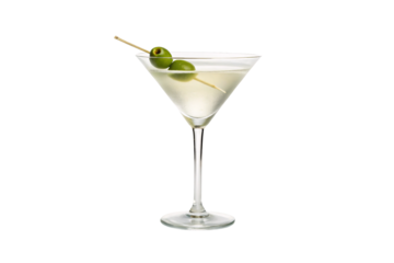 Elegant martini served in traditional glass with olive skewer, professional beverage photography style setup, isolated on a transparent background