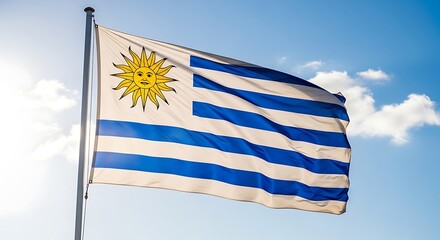 Uruguayan Flag Waving in the Wind Against Blue Sky