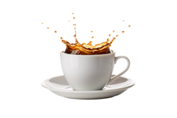 Coffee splashing dynamically from white ceramic cup and saucer, captured at perfect moment, isolated on a transparent background