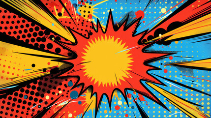 Explosive comic book style burst with vibrant colors and action lines