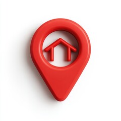 Red map marker with a house icon.  A 3D rendered, glossy red map pointer,  showing a simple house symbol in the center