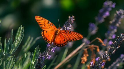 Vibrant orange butterfly rests on a lavender flower.