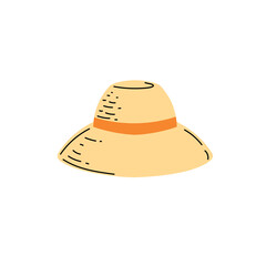Beach straw summer women hat with orange ribbon. Modern flat design. Vector illustration isolated on white background.