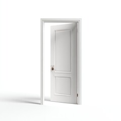 A white door ajar, revealing an unseen space.  Simple, clean, and minimalist.  Solid white door with paneling, hinged and open.  Empty white background.  Light shines through the opening