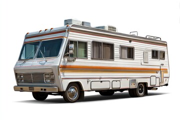 Vintage camper van, light gray, orange accents, isolated