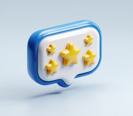 3D rendered speech bubble icon, light blue with bright yellow stars