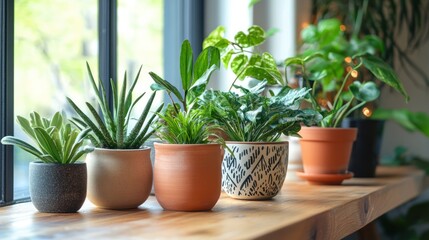 Fototapeta premium Collection of Diverse Potted Plants Displayed on Wooden Shelf by the Window