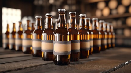 Homemade beer bottles with custom labels are displayed in soft natural light, showcasing ultra sharp realism and artisanal craftsmanship.