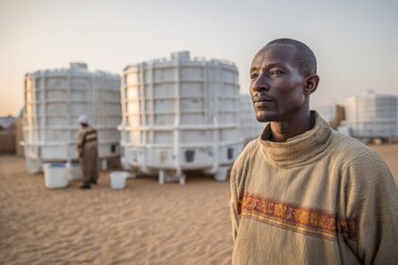 Afternoon in a desert community facing drought Aid workers set up large water tanks for the people The mood is thoughtful and determined, Generative AI