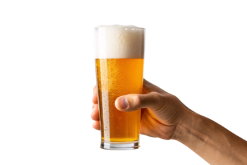 Hand grasping tall pilsner glass containing golden beer with generous white foam head and bubbles, isolated on a transparent background
