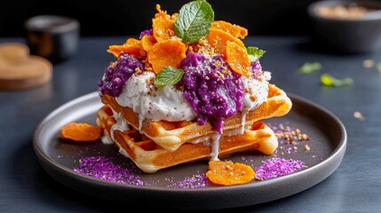 Purple ube waffles stacked with coconut whipped cream and latik coconut curds