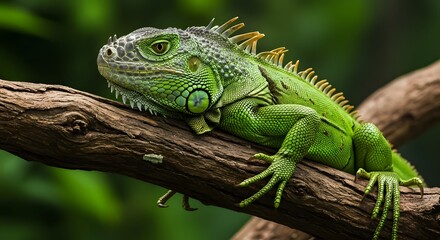 Obraz premium Green Iguana Resting on Branch, Detailed Scales and Spikes, Tropical Wildlife