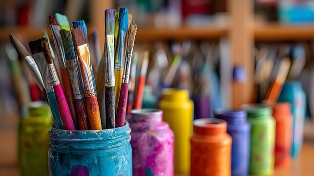 A collection of colorful paintbrushes in jars. - Powered by Adobe