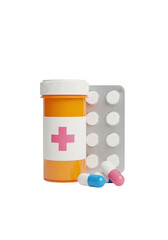 3D Render: Pills, Tablets, and Bottle; Transparent Background, PNG