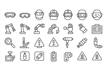 Outline Icons of Robotic Arms, Helmets, and Hazard Symbols