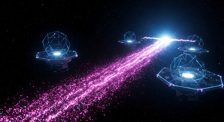 Futuristic deep space network with vibrant energy transfer. Advanced structures connected by luminous streams, symbolizing interstellar quantum data flow and communication.
