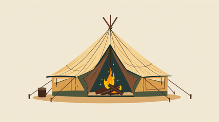 Cozy and inviting teepee tent with a warm fire burning inside set against a neutral background