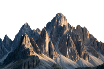 Towering dolomite mountain range with sharp vertical rock faces and natural stone formations landscape, isolated on a transparent background