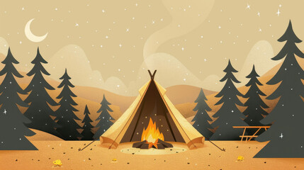 Cozy campsite with a teepee tent and campfire under a starry night sky with a crescent moon