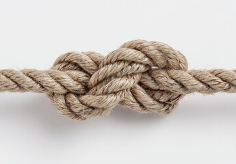 Close-up of a double knot in light beige rope against white background