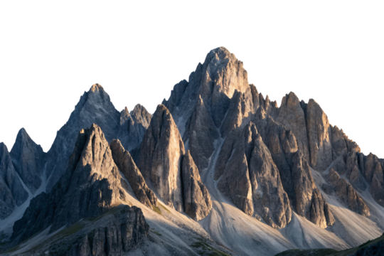 Towering dolomite mountain range with sharp vertical rock faces and natural stone formations landscape, isolated on a transparent background - Powered by Adobe