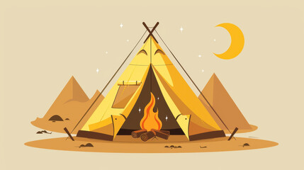 Cozy indian teepee with a warm campfire under a crescent moon
