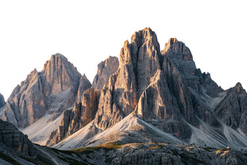 Dramatic mountain range with steep rocky cliffs and rugged limestone formations in natural daylight, isolated on a transparent background