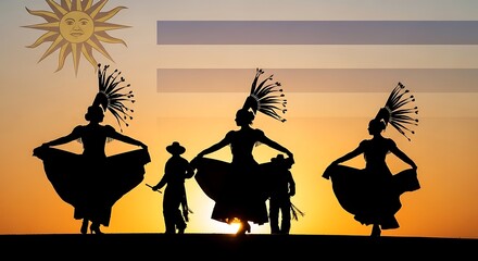 Vibrant Sunset Silhouettes of South American Folk Dancers with Sun of May Symbol