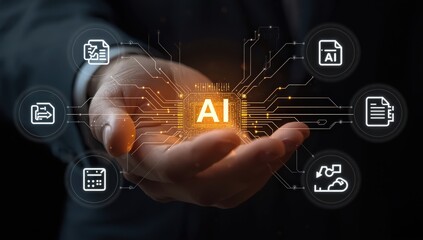Ai chip in hand with digital icons representing data and artificial intelligence technology concept