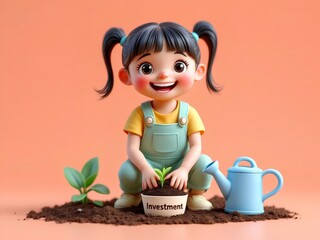 Little Cartoon Girl Nurturing Investment for Financial Growth