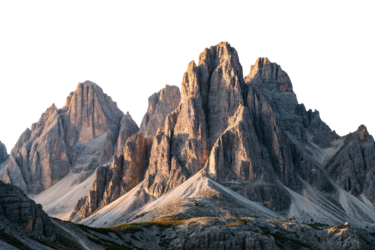 Dramatic mountain range with steep rocky cliffs and rugged limestone formations in natural daylight, isolated on a transparent background